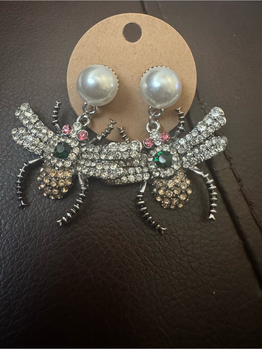 NWT Silver Dragonfly Pearl Drop Earrings with Green & Pink Accents, Earrings